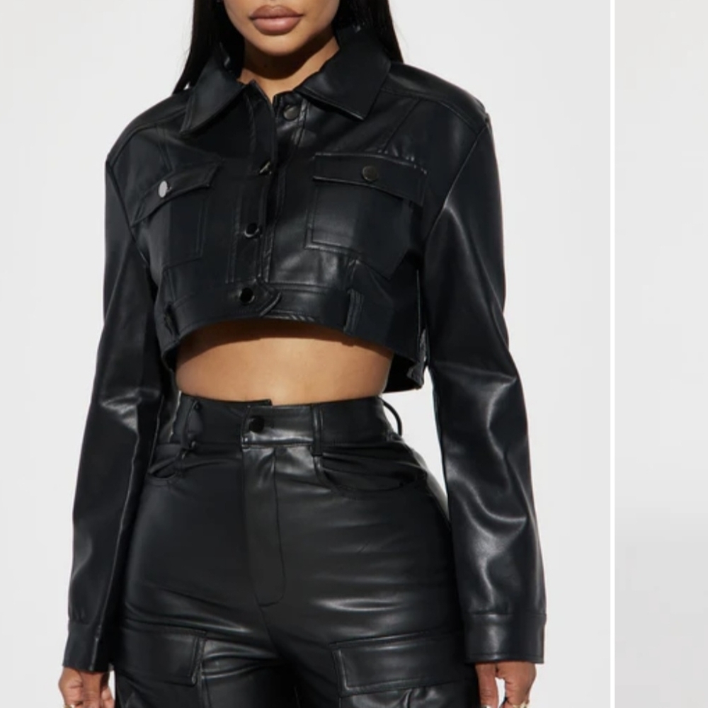 Cropped Black Faux Leather Jacket - Women